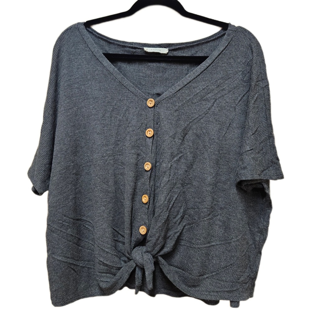 Gray Waffle Knit Entro Short Sleeve V-Neck Button Up Knot Tie Top‎ Size Small